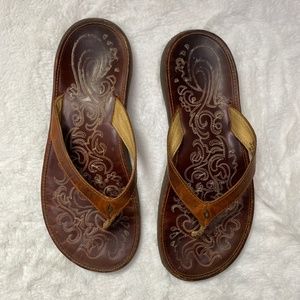 OluKai Brown Leather Paniolo Sandals, Size 8